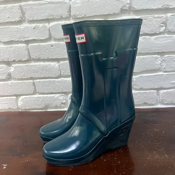 Hunter Womens Kellan Wedge Heel Round Toe Waterproof Rain Boots